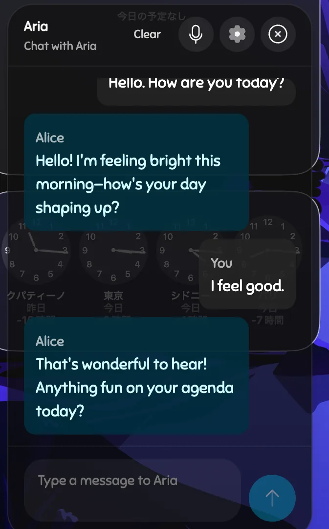 The conversation panel in the ALICE desktop app, with the exchange running alongside Alice's avatar.
