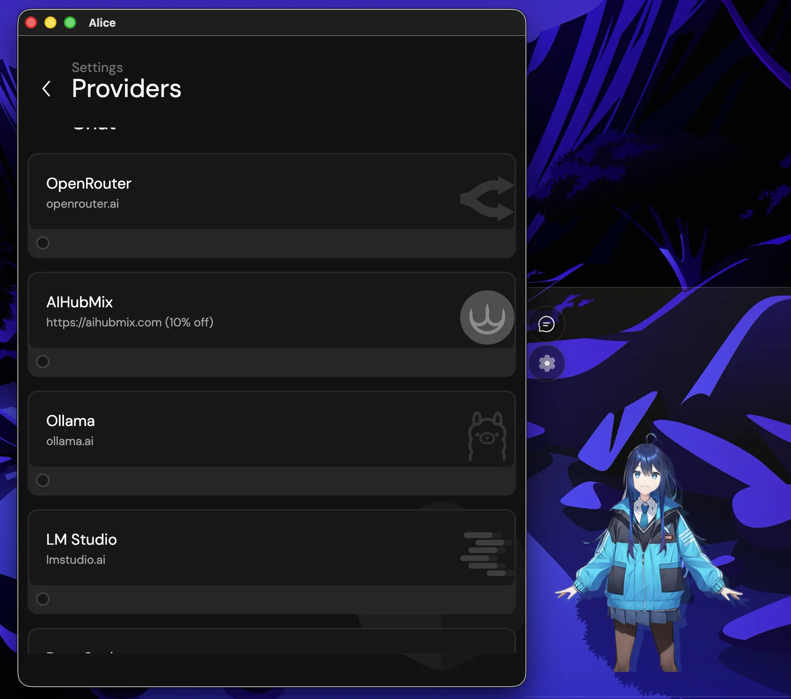 The provider screen in the ALICE desktop app, listing cloud and local models side by side.