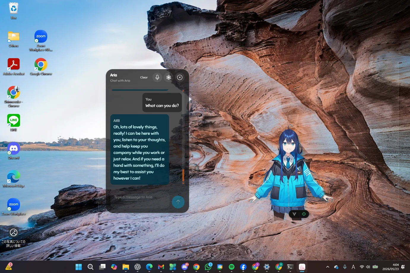 Alice standing on a Windows desktop, with the ALICE chat panel open beside her.