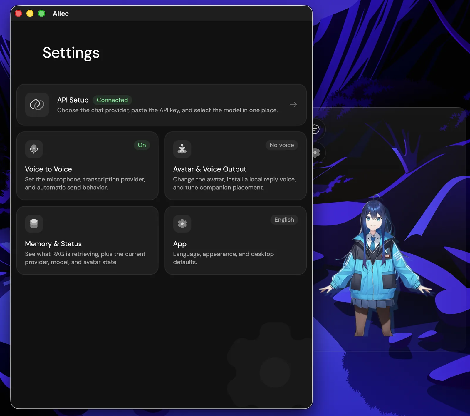 The settings screen in the ALICE desktop app.
